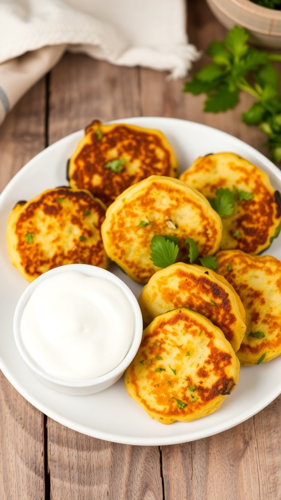 Crispy zucchini fritters on a plate with yogurt dip and fresh herbs.